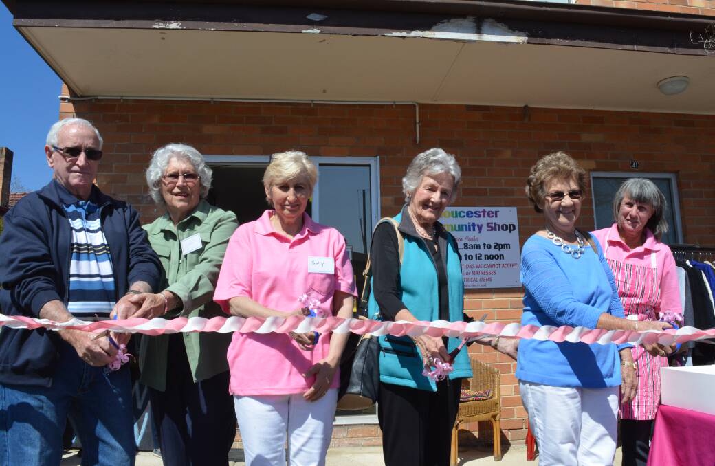 Doug Pittman, Judith Pittman, Sally Farrow, Shirley Beaton, Robyn Roberts and Di Relf at the official opening of the Gloucester Community Shop in 2018.