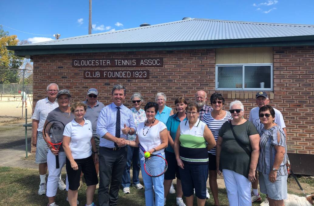 Members of the Gloucester District Tennis Association met up with David Gillespie at the clubhouse to hear the good news. Photo supplied.