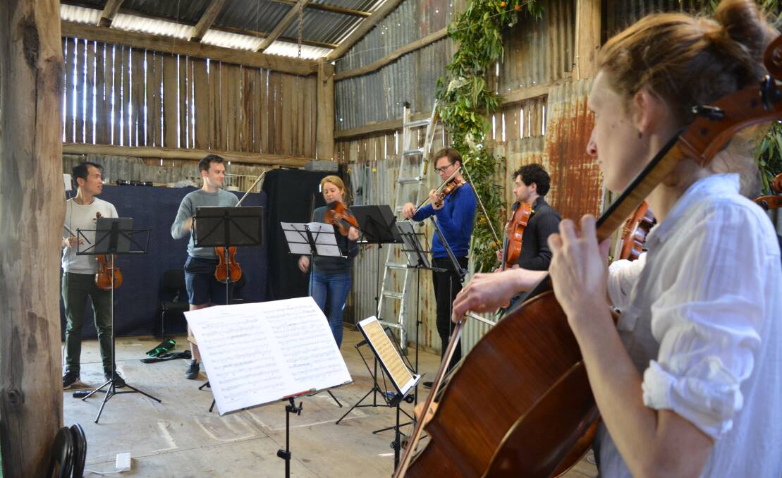 Musicians rehearsing ahead of the 2018 concert 2 - 4- 6- 8 Strings. For some the first time they have played together. Photo Anne Keen