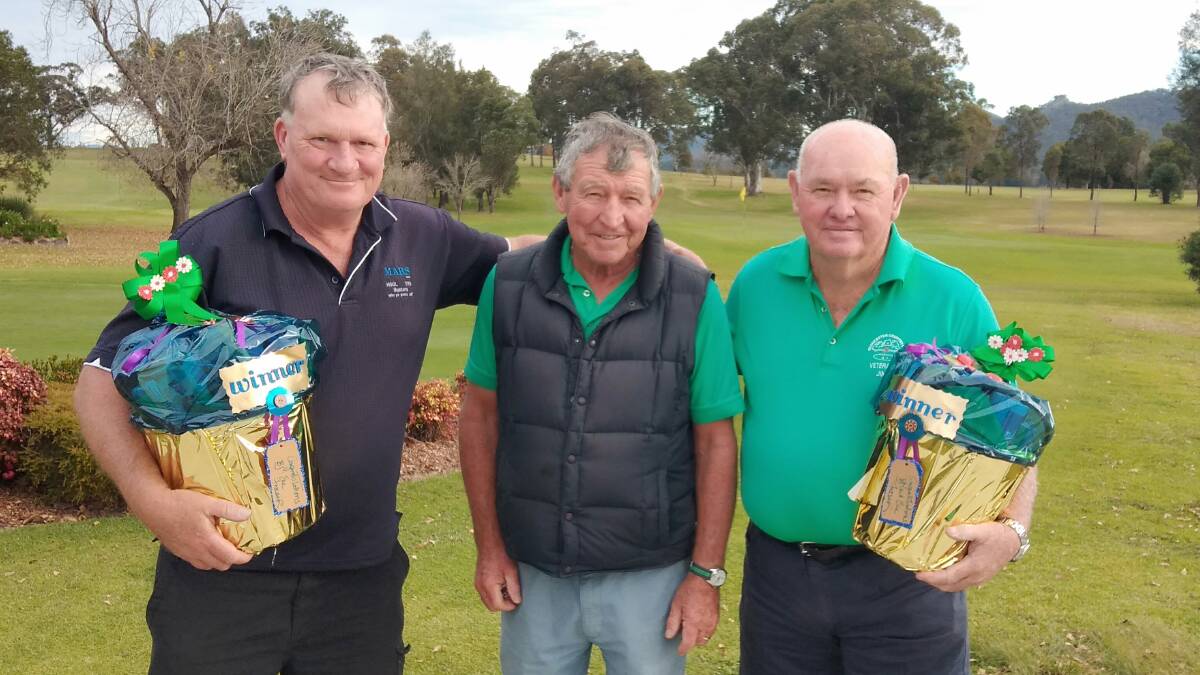 Gloucester Veterans Golf Club winners Mark Stone and Jim Dunn stand on each side of the day's sponsor, Bruce Fraser. Photo supplied