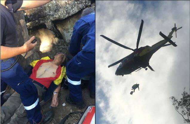Bob Teoh with the paramedics and being airlifted after his fall on the Bucketts. Photos Ty Soupidis