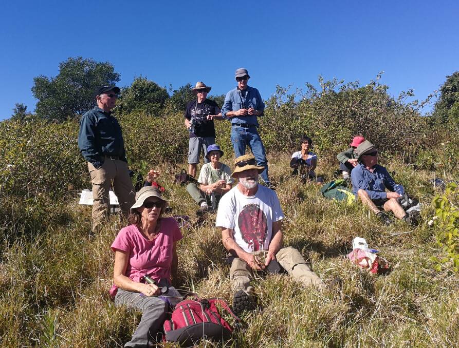 Members of the Gloucester Environment Group enjoy the view from the top of the hill at Back Creek. Photo supplied.