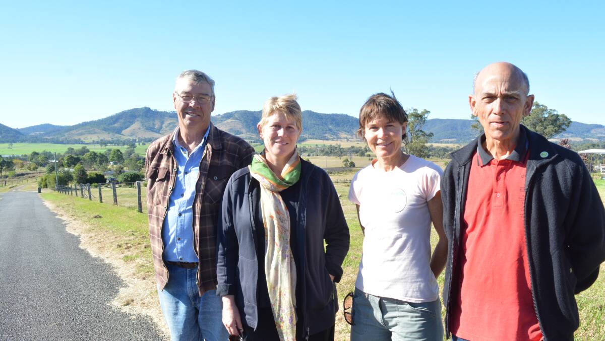 Barrington Tops Greens: Ed Robinson, Julie Lyford, Sue Kingston and Brian Lewis on Grantham road in Gloucester, overlooking to proposed mine site. Photo: Anne Keen