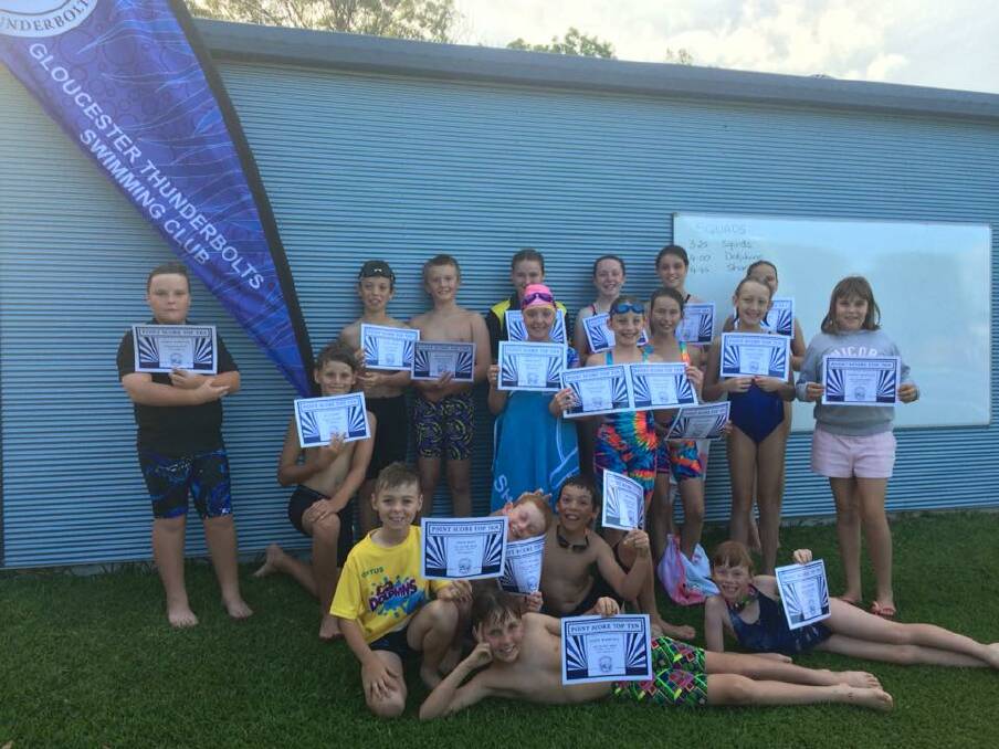 Gloucester Thunderbolts Swimming Club swimmers celebrate their achievements at the end of round one. Photo supplied