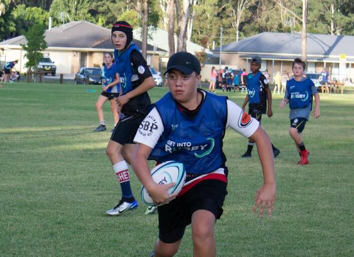 Gloucester's Pryce Crane in action during the Lower Mid North Coast junior rugby union six week program last year. Photo supplied