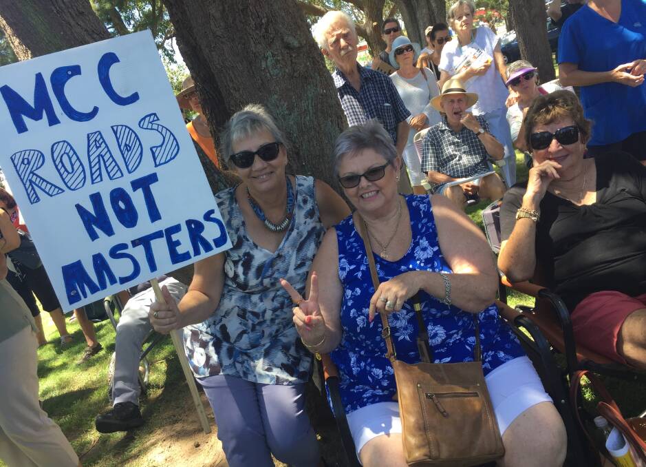 MidCoast Council residents, Leona Matthews-Whitehouse, Cynthea Felton and Waney Shaw at the centralisation protest.