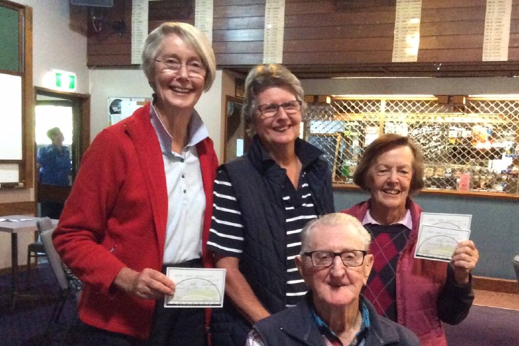 Winners of 4B Championships Jill Carson and Myrelle Fraser with runner up Val Smith Pat Burrows(absent) with Morris Mion who sponsored the day. Photo supplied