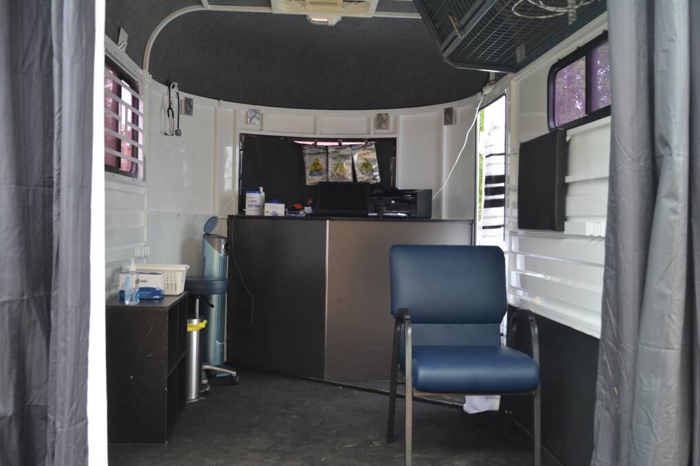 A horse float has been set up as a mini doctor's room complete with wireless hook up to the medical centre's computers. Photo Anne Keen 