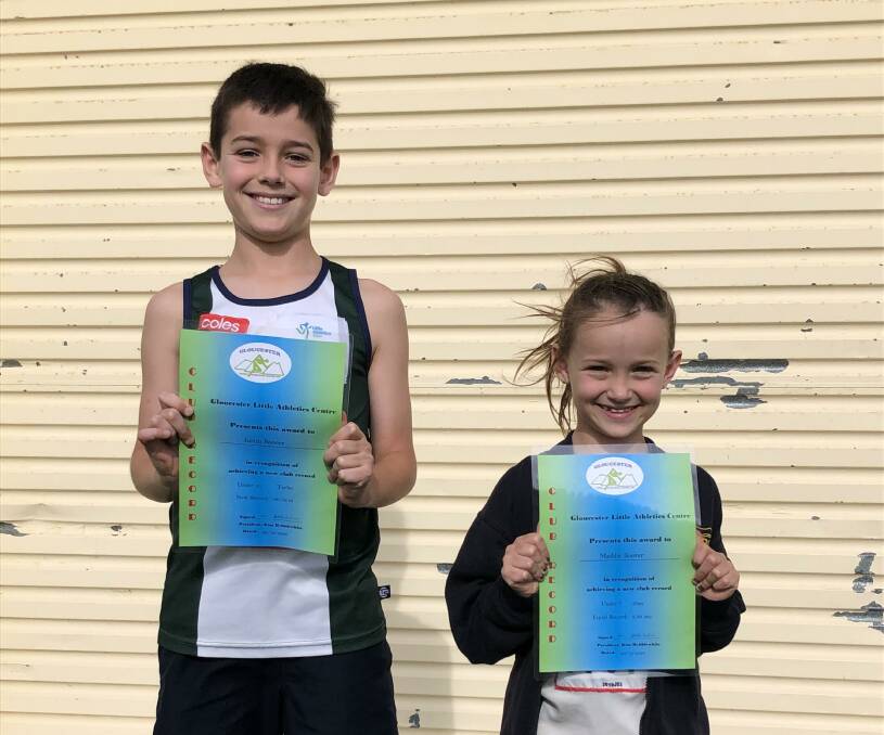 Justin and Maddie Boorer both set Gloucester Little Athletics Club records. Photo supplied