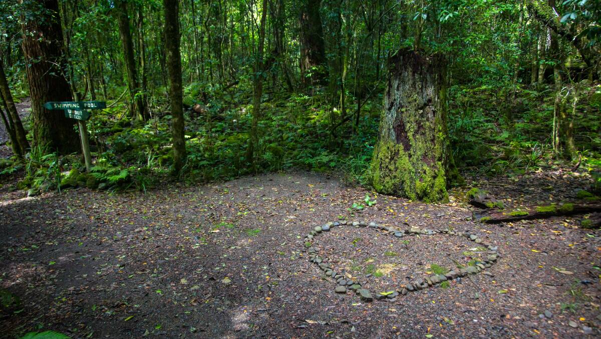 A stone heart in a clearing in the forest at Blue Gum Loop Trail in Barrington Tops National Park. Photo courtesy of National Parks and Wildlife Service