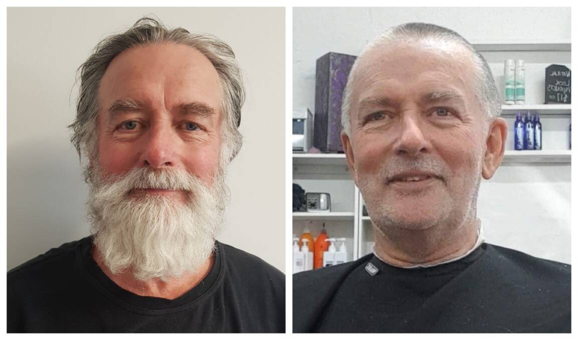 Ian Parks returns to his former self after completing the Australian Cancer Research Foundation (ACRF) shave. Photos supplied