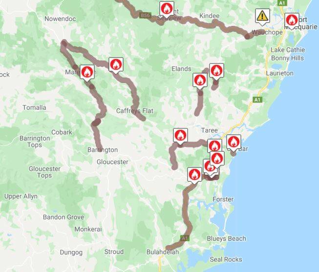 Live Traffic NSW website map for the region from 9am Wednesday morning.