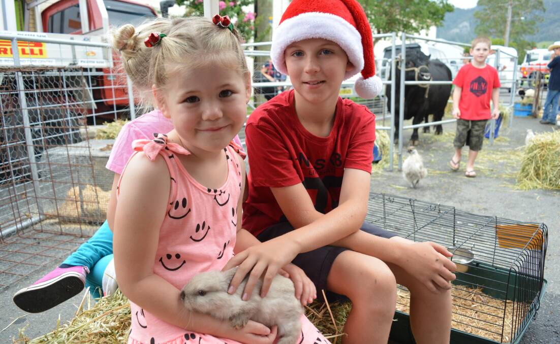 2017 Gloucester Community Christmas Carnival: Gloucester Public School P&C animal farm, five year old Jade Everett spends some time with a little bunny with Santa's helper Ryan Beggs