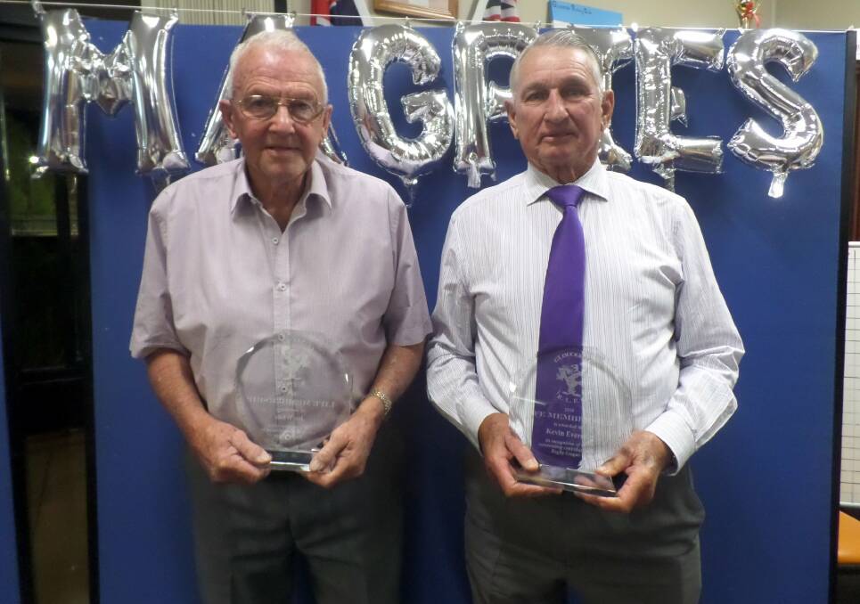 Life membership: Joe White and Kevin Everett were awarded the honour during the Magpies end of season presentation night. Photo supplied.