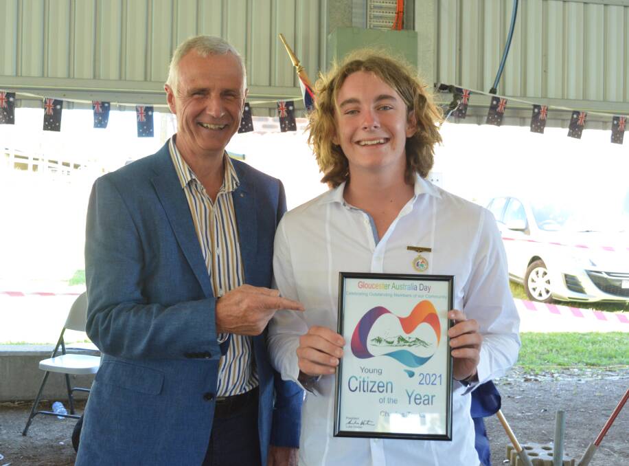 Australia Day ambassador Brian Beesley presented Charles Tonks with the Young Citizen of the Year award at the Gloucester celebration. 