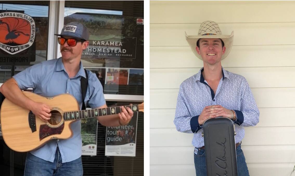 On the left, Alex Bratfield with his mustache busking on Church Street during Movember, and on the right, Alex after he shaved and put his guitar away. Photo supplied.