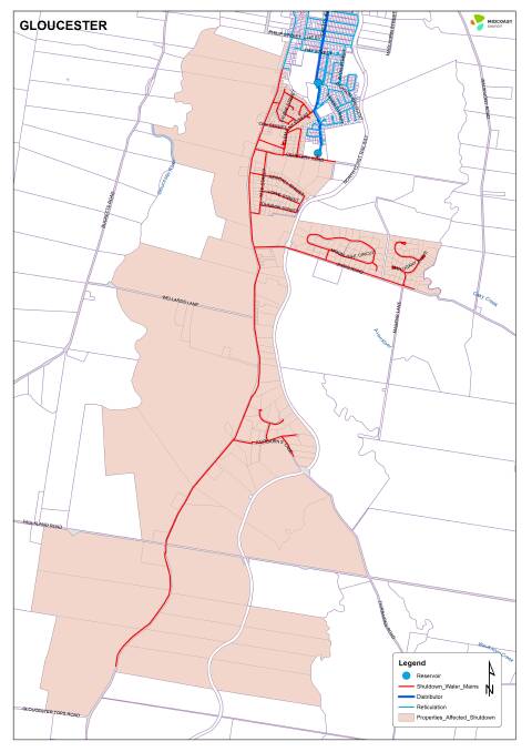 Gloucester properties affected by the water reservoir shutdown. Map supplied