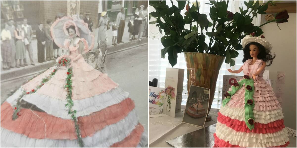A walk down memory lane: Iris McFadyen as the woman in the crinoline dress on the 1951 float next to the birthday cake made in her image. Photos: Supplied