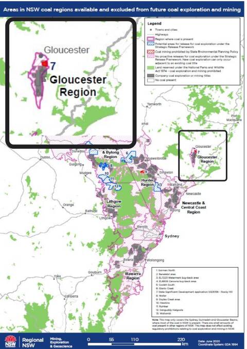 There can be "no proactive releases for coal exploration" in the Gloucester basin and "new coal exploration can only occur adjacent to an existing title.