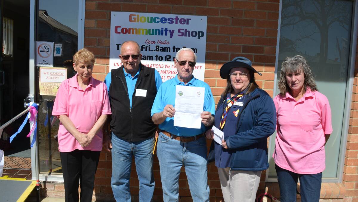 Sally Farrow, Cedric Salter and Doug Pittman (Gloucester Community Shop), Heather Eggins (Gloucester Scouts) and Di Relf 