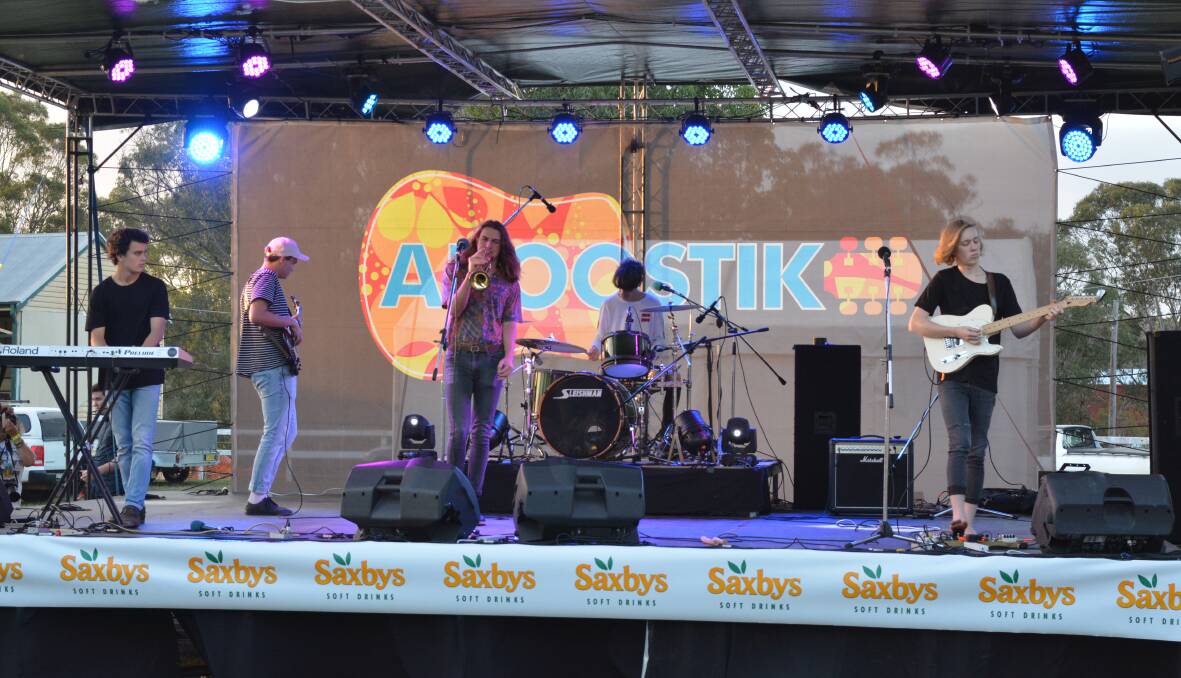 Kickin it at Akoostik: Taree band, SOAR took to the stage on Friday evening. Photo: Anne Keen