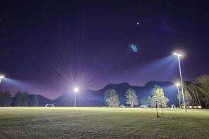 Gloucester Soccer Club erects lights on one of its fields for night training. Photo Turdy Schultz