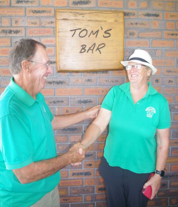 Gloucester Veterans Golf captain Derek Bardwell congratulates winner Dale Rabbett. Photo supplied 