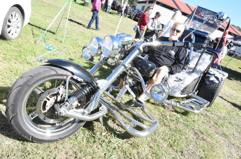 Scott Bollom on his Boom from Aus Trikes along with a range of motorcycles on display or driven to the Gloucester Showground in 2018. Photo Scott Calvin