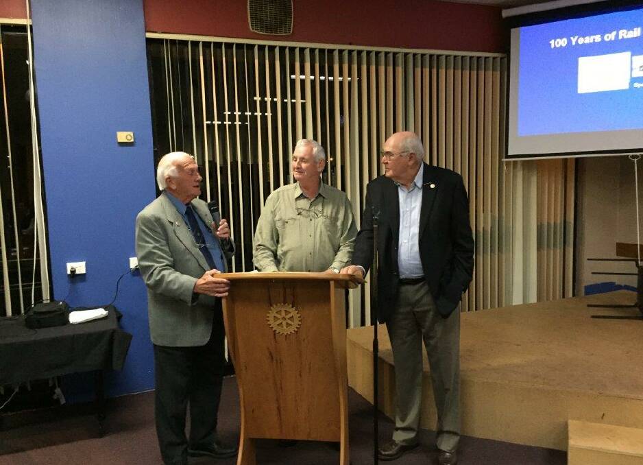 Grahame Holstein, Vic Hebblewhite and Terry Carson relating stories of the Gloucester Business Chamber. Photo supplied 