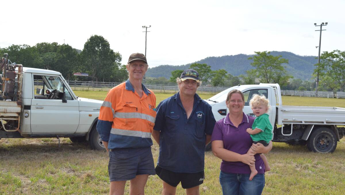 Main arena: Stuart Redman, Mark Harris and Alison Kernahan and Michael Harris in front a heavy vehicle on the left and a medium ute on the right. Photo: Anne Keen