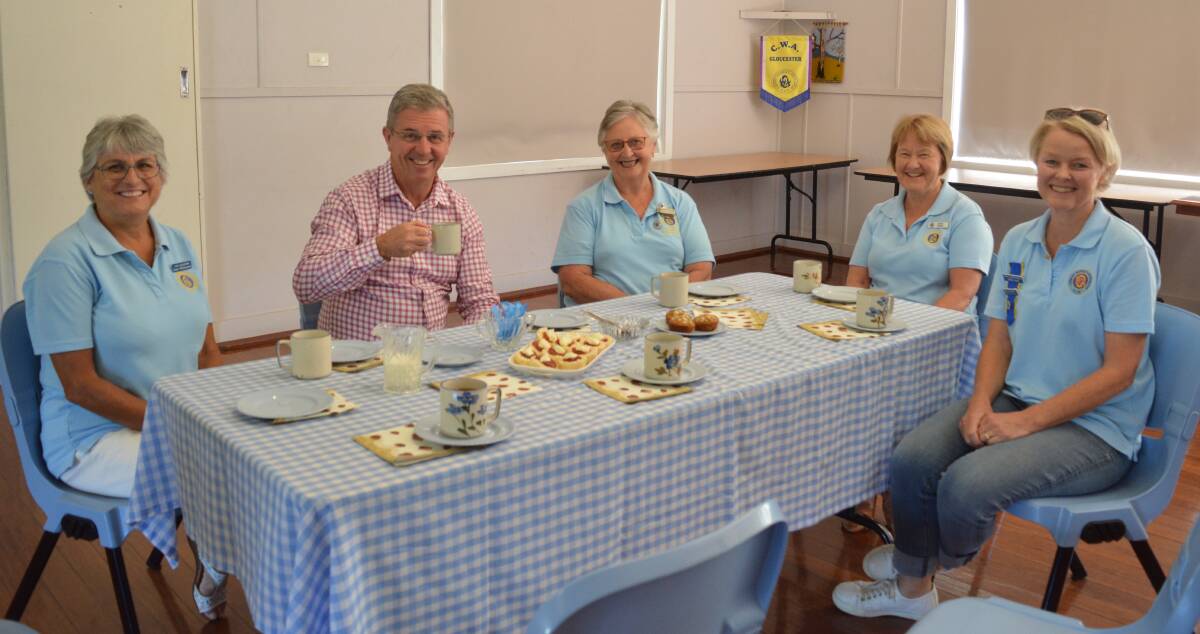 Gloucester CWA members Anne Williamson, Barbara Reichert, Sandy Tebbett and Robyn Scott enjoy morning tea with David Gillespie. Photo Anne Keen 
