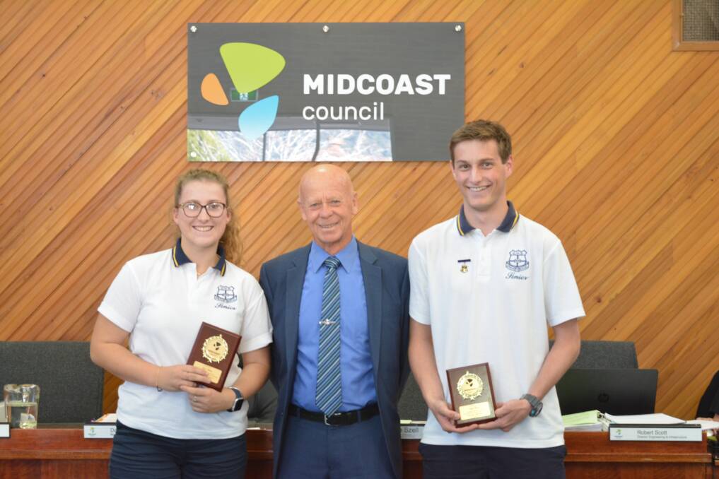 Kyra Edstein, David West and Cadel Beard during the plaque presentation at the first MidCoast Council meeting for 2019 held in Gloucester. Photo Anne Keen 