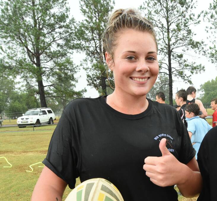 Tayla Predebon gives a big thumbs up during a recent training session with NSWNRL Hogs for the Homeless in Gloucester. Photo Scott Calvin