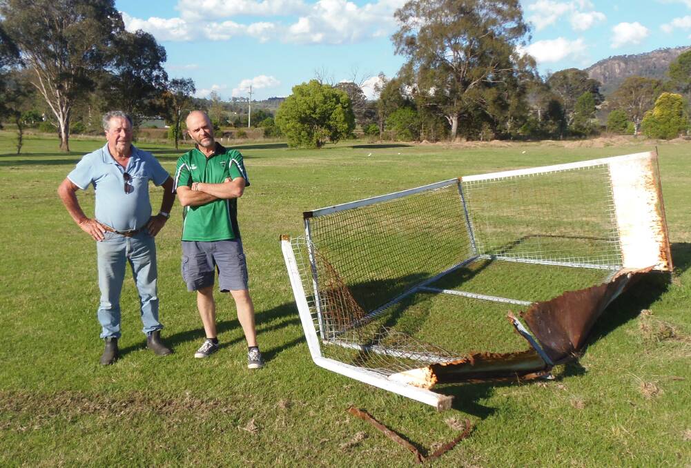 Gloucester Hockey Club's Ollie Rinkin and Dave Keen are devastated by the recent vandalism at Cook Park. Photo supplied