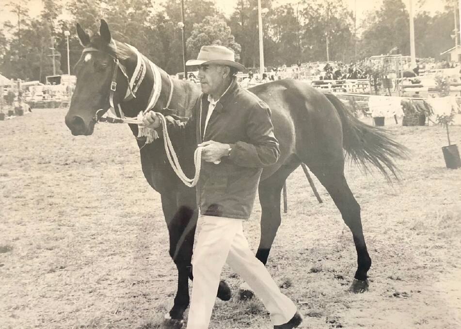 Bill Wilson with his champion Australian Stock Horse stallion, Kywong Sim-Ray at the Taree Show. Photo Manning River Times Thursday October 22, 1982