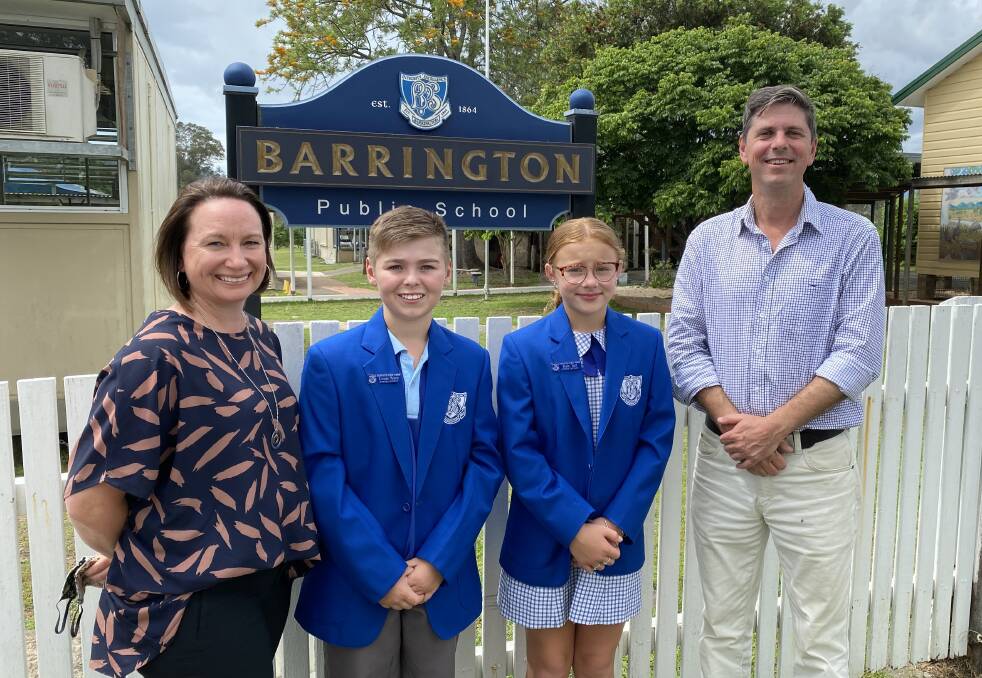 Barrington Public School principal Amy Hughes and 2021 school captains Louis Want and Rubi Tull with Dave Layzell during a visit to the school in late 2021. Photo supplied