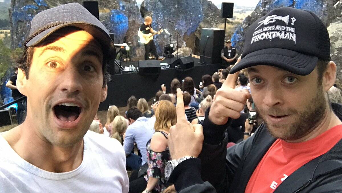 Radio presenters Andy Lee and Hamish Blake at Ed Sheeran's concert at Hanging Rock. Picture: hamishandandy via Instagram