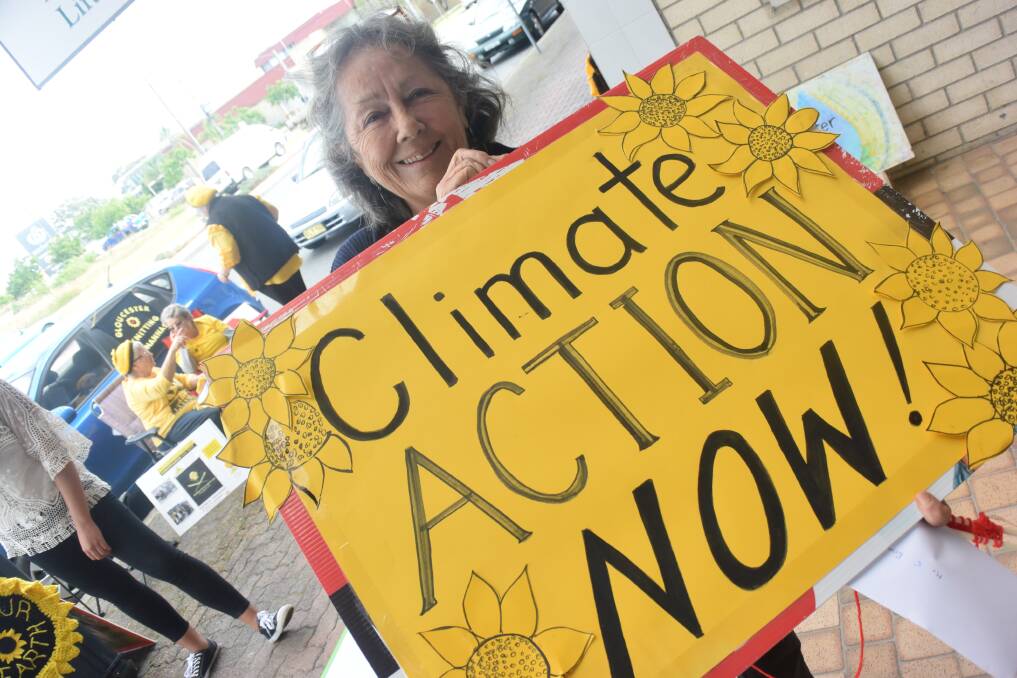 Climate action: Great Lakes Knitting Nanna Linda Gill with her latest sign. 