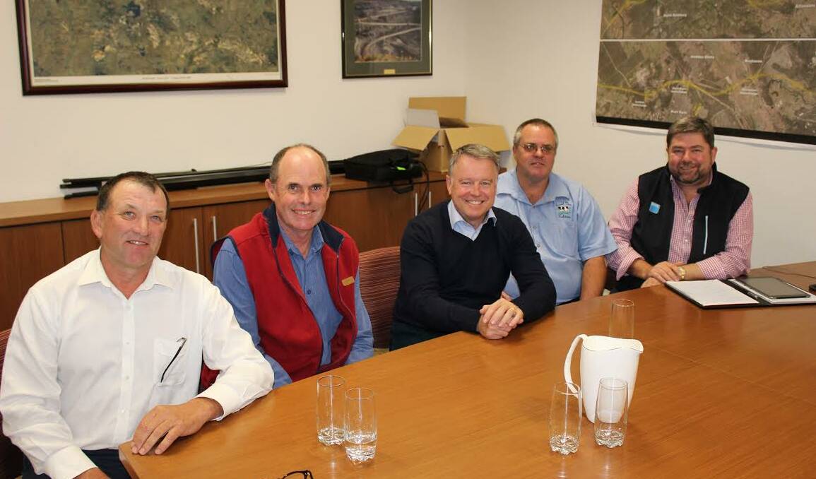 Adrian Drury, Shane Gee, Joel Fitzgibbon, Graham Forbes and Shaughn Morgan discuss milk price equity at a Dairy Connect delegation in Cessnock. 