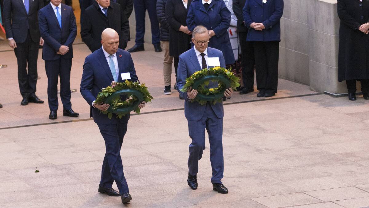 The 47th Parliament gathered at the Australian War Memorial for a Last Post Ceremony. Prime Minister Australia Anthony Albanese and Opposition Leader Peter Dutton lay a wreath. Picture: Keegan Carroll