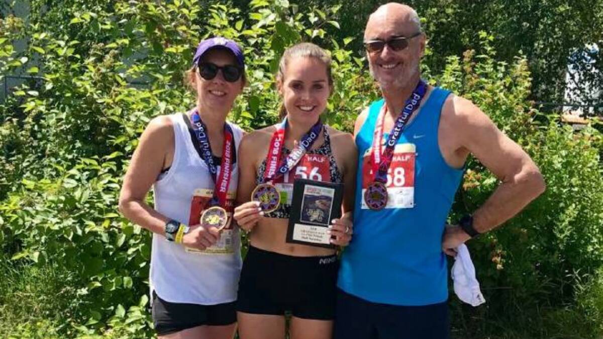 Whyalla runner Izzi Batt-Doyle (middle) with her mother Rosey Batt and stepfather Chris Brougham after competing in a half-marathon in the USA. Photo: supplied.