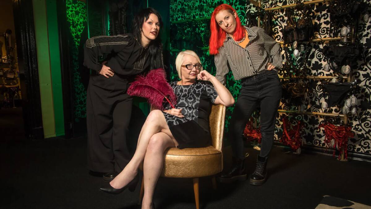 Adult movie star and director Morgana Muses (seated), with Isabel Peppard and Josie Hess, co-directors of the documentary about her life, at Passionfruit Sensuality Shop. Photo: Justin McManus