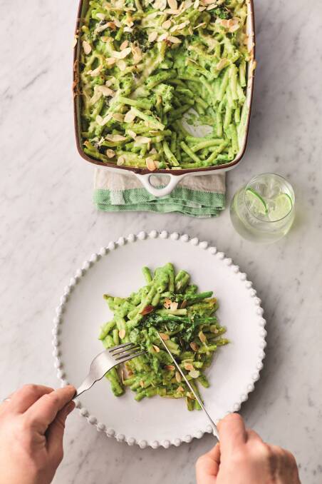 Greens mac 'n' cheese, leek, broccoli and spinach, toasted almond topping. Picture: David Loftus