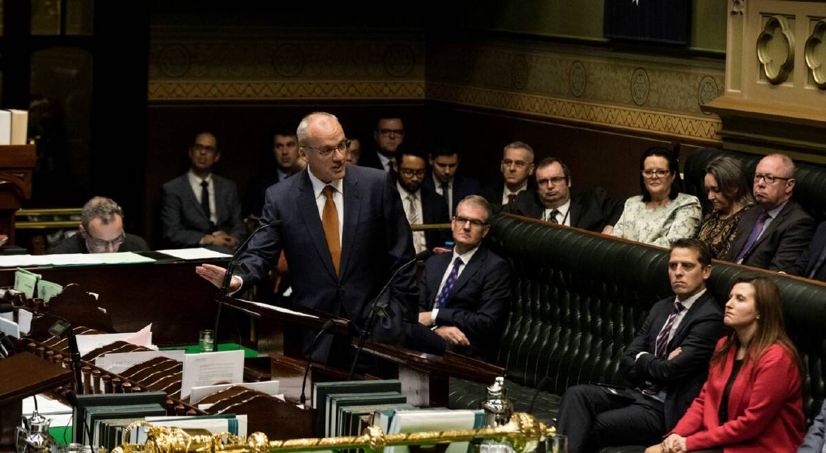 NSW Opposition Leader Luke Foley delivers his budget reply speech to the Legislative Assembly in the NSW Parliament in Sydney on June 21. The same day South Coast MP and Speaker Shelley Hancock ejected five Labor members. Photo: Dominic Lorrimer