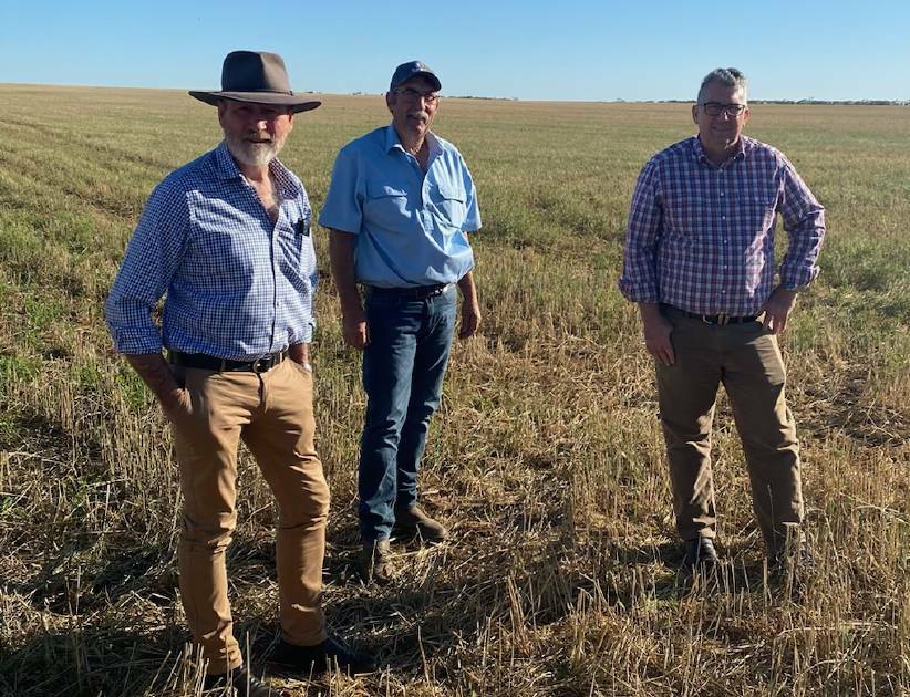 PREFERRED SITE: From left, Member for Grey Rowan Ramsey, Napandee land owner Jeff Baldock and Federal Resources Minister Keith Pitt at the Kimba site.