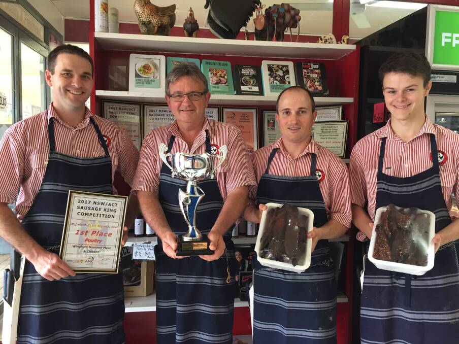 Best in NSW: Wingham Gourmet Meat and Chicken's Scott Kelly, Bevan Brown, Josh Short and Bailey Saville proudly present their award winning beef jerky.