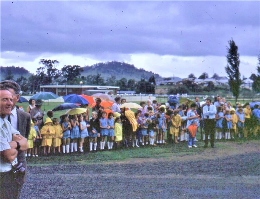 Were you there?: Can you see yourself in the student line up as the official party of NSW Governor Sir Roden Cutler tours Gloucester, 1972.