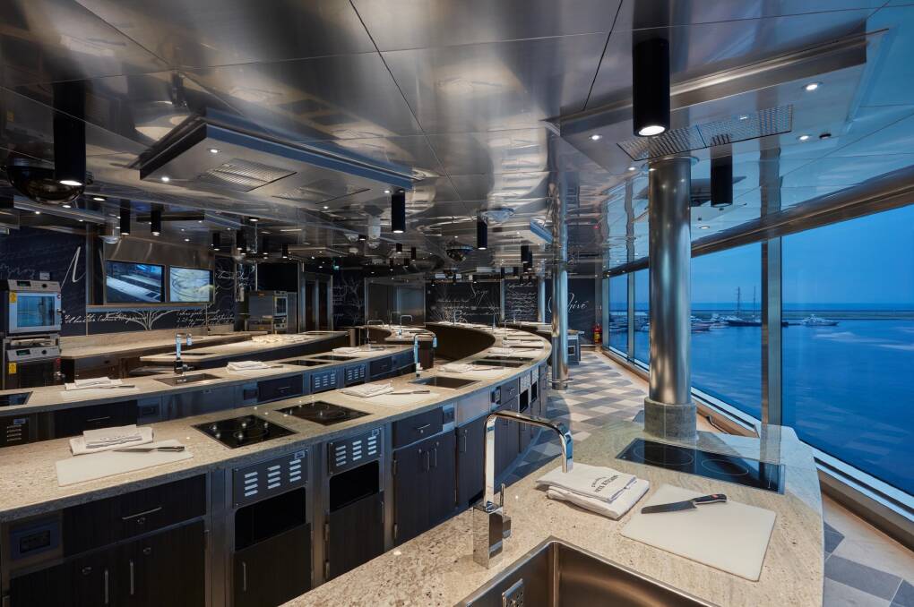 Kitchen with a view: Passengers on Seven Seas Explorer can improve their culinary 
prowess in the ship’s Culinary Arts Kitchen.