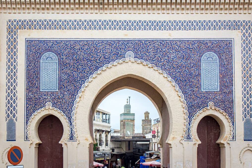The ornate gate of Bab Bou Jeloud, the main western entrance to the Fez Medina. Picture: Michael Turtle