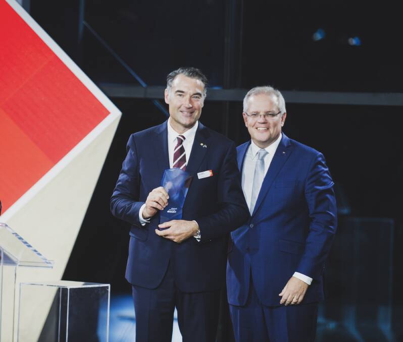 Prime Minister Scott Morrison with Australian of the Year Dr James Muecke at the 2020 Australian of the Year Awards in Canberra in January. Picture: Dion Georgopoulos